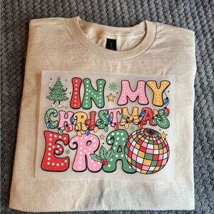 Gildan Beige Long Sleeve Tee with Festive Graphic